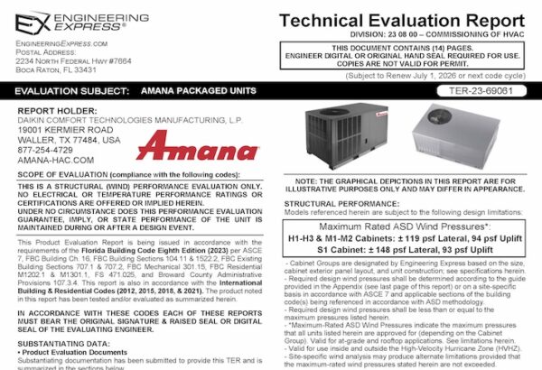 Amana: A/C Package Units Technical Evaluation Report 2023 Update