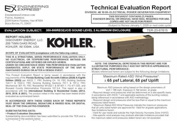 Kohler Power Systems: 350-500REOZJC/D Sound Level 2 Aluminum Enclosure Technical Evaluation Report 2023 Update