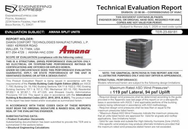 Amana: A/C Split System Units Technical Evaluation Report 2023 Update