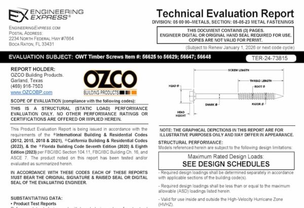 OZCO: OWT Timber Screws Item #'s 56625 to 56629; 56647, And 56648 Technical Evaluation Report 2023 Update