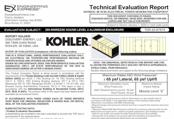 Kohler Power Systems: 300-500REZXD Sound Level 2 Aluminum Enclosures Technical Evaluation Report 2023 Update