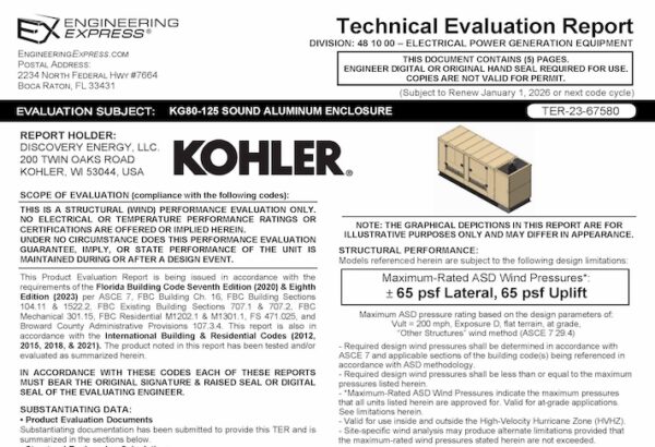 Kohler Power Systems: KG80-125 Sound Aluminum Enclosure Technical Evaluation Report 2023 Update