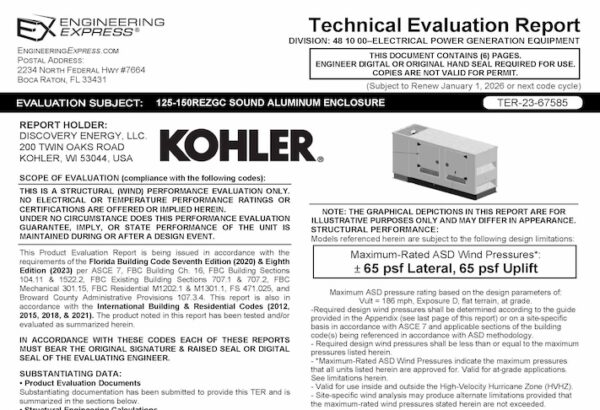 Kohler Power Systems: 125-150REZGC Sound Aluminum Enclosure Technical Evaluation Report 2023 Update