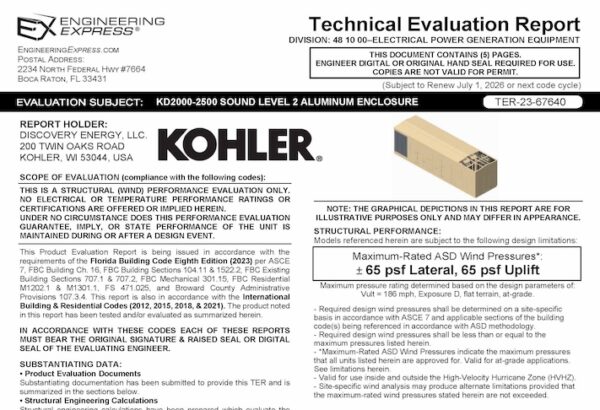 Kohler Power Systems: KD2000-2500 Sound Level 2 Aluminum Enclosure Technical Evaluation Report