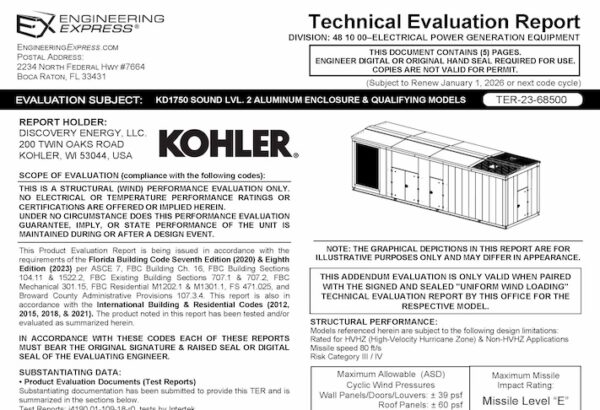 Kohler Power Systems: KD1750 Sound Level 2 Aluminum Enclosure And Qualifying Models Technical Evaluation Report 2023 Update