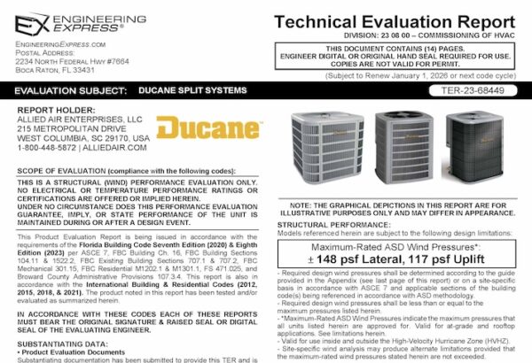 Allied Air: Ducane Split System Units Technical Evaluation Report 2023 Update