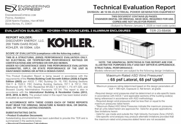 Kohler Power Systems: KD1250-1750 Sound Level 2 Aluminum Enclosure Technical Evaluation Report 2023 Update