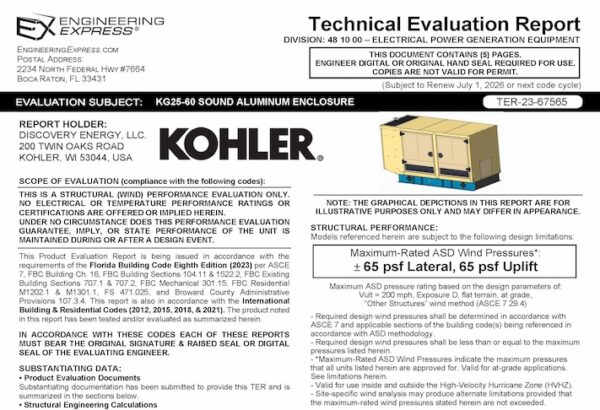 Kohler Power Systems: KG25-60 Sound Aluminum Enclosure Technical Evaluation Report