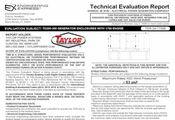 TPS: TD250-300 Generator Enclosures With 1706 Engine Technical Evaluation Report 2023 Update