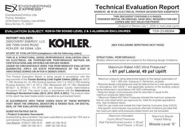 Kohler Power Systems: KD610-750 Sound Level 2 And 3 Aluminum Enclosures (All Certifications) Technical Evaluation Report 2023 Update