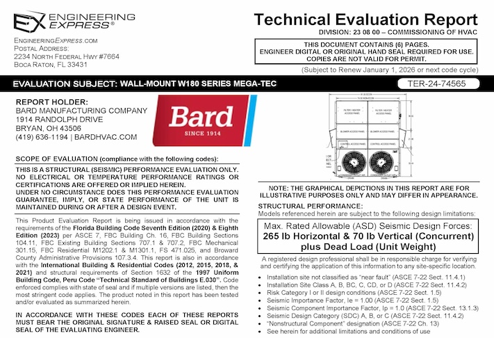 Bard: Wall-Mounted W180 Series Mega-Tec Technical Evaluation