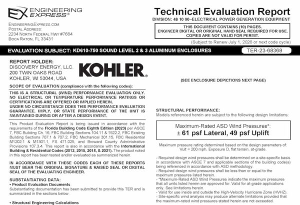 Kohler Power Systems: KD610-750 Sound Level 2 And 3 Aluminum Enclosures (Static And Anchorage Only) Technical Evaluation Report