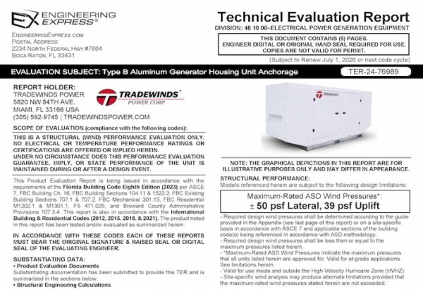 Tradewinds: Type B Aluminum Generator Housing Unit Anchorage Technical Evaluation Report