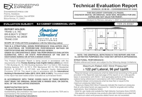 American Standard: B.0 Cabine Commercial Units Technical Evaluation Report