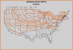 Example of frost depths throughout the US. Please consult with your local engineer for updated and accurate values, this is for illustrative purposes only.